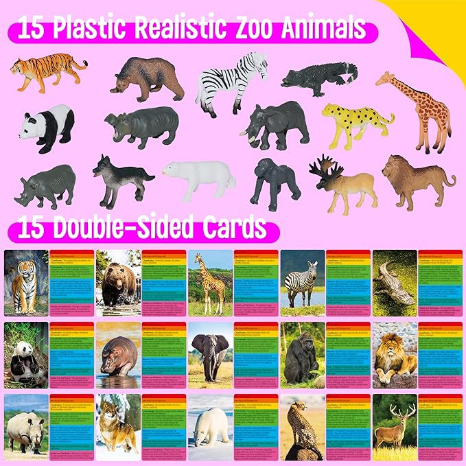 15 PCS Safari Animal Figurines with 15 Introducing Flashcards, Realistic Zoo Animal Figures Montessori Toys Science Educational Matching Game for Homeschool Preschool Toddler Kids