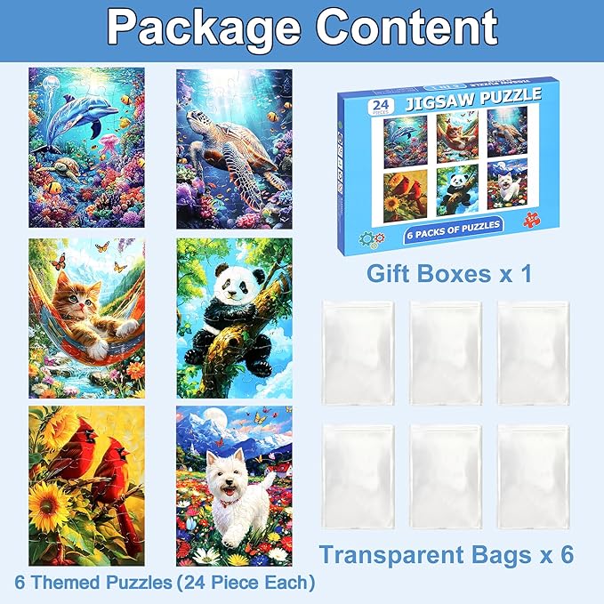6 Packs 24 Large Piece Puzzles for Seniors,Animals Puzzle for Seniors with Dementia,Turtle Panda Cat Dolphin Bird Dog Easy Jigsaw Puzzle for Alzheimers Memory Games Dementia Activities
