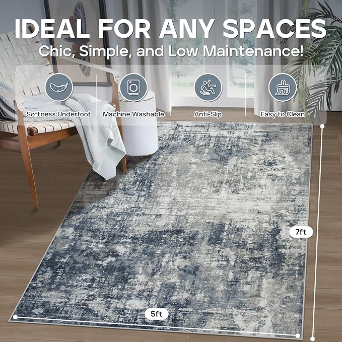5x7 Area Rugs for Living Room Rug Washable: Modern Rug for Dining Room Bedroom Carpet Non Slip Low Pile 5 by 7 Indoor Abstract Nursery Home Office Blue Grey
