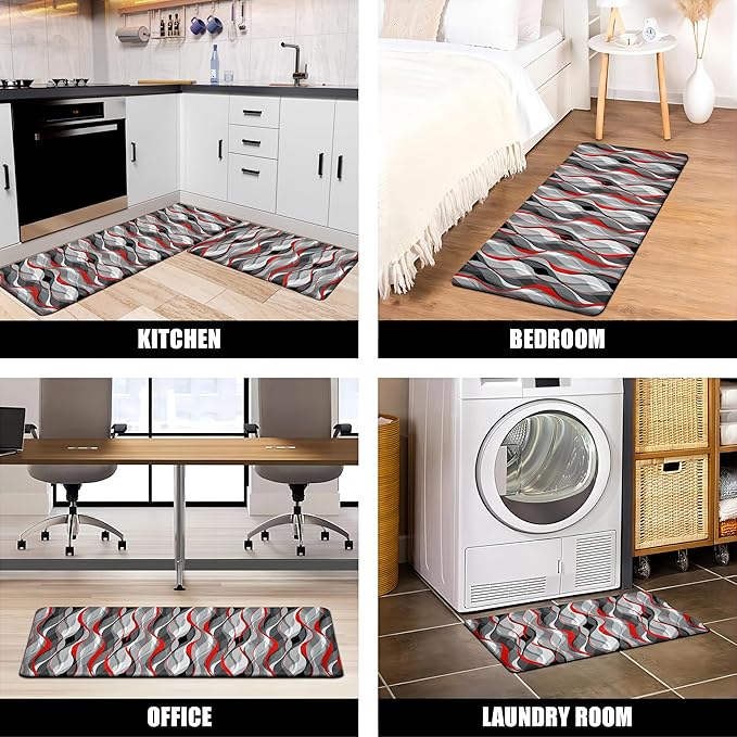 Kitchen Mats for Floor Modern Abstract kitchen rugs Grey and Red Stripe Anti Fatigue Kitchen Mats Waterproof Floor Mats Cushioned Non-Skid Standing Mats for Kitchen, Set of 2,17.3 x 28+17.3 x 47