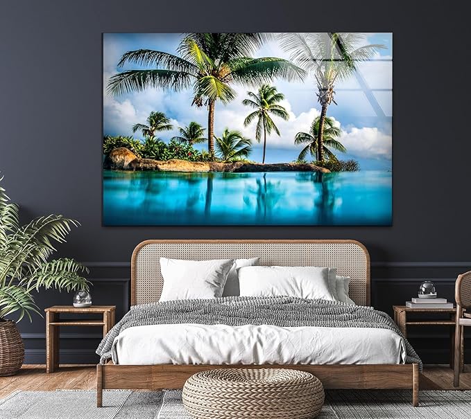 My Photostation.com 28Wx18H'' Island & Blue Sea Glass Wall ArtTempered Glass Printing Wall Decor Large Wall Art Wall Hangings