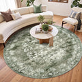 jinchan Round Rug 7ft Area Rug - Green Vintage Floor Mat Kitchen Indoor - Washable Circle 7' Thin Floral Print Carpet Retro Farmhouse Non Slip Dining Room Living Room Bedroom Office