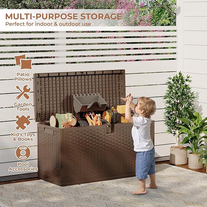 73 gal Brown Resin Deck Box, Outdoor Storage Box Waterproof Lockable, Patio Deck Box For Package Delivery, Outside Storage Box Container for Furniture Cushions, Garden Tools, Pool Accessories
