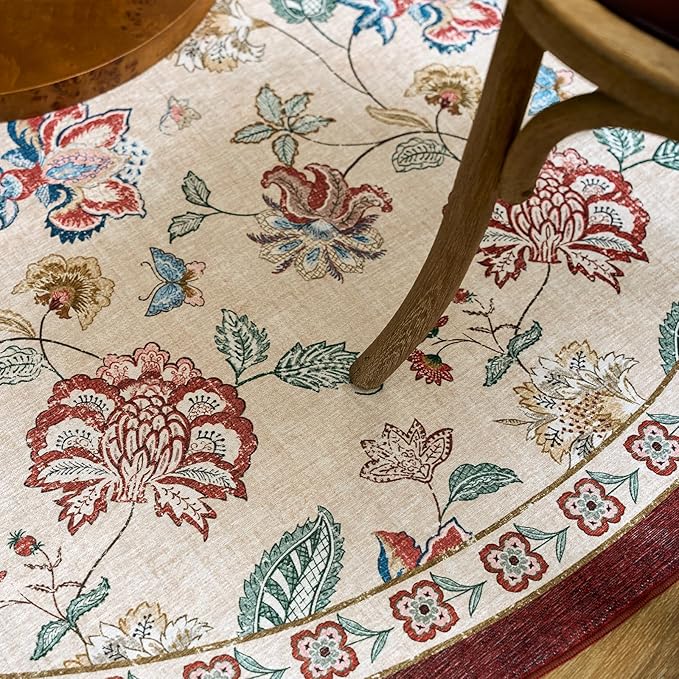 jinchan 4ft Floral Round Rug for Entryway Washable Kitchen Rug Vintage Romance Design Non Slip Indoor Doormat Lightweight Low-Profile Throw Carpet for Living Room Dining Room Bedroom, Red/Beige