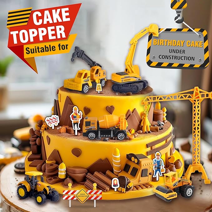 Oriate 28pcs Construction Toys for Kids, 12pcs Mini Diecast Construction Vehicles Toy with Flatbed Transport Trailer, Educational Digger Excavator Bulldozer Forklift Trucks Cake Topper Stickers