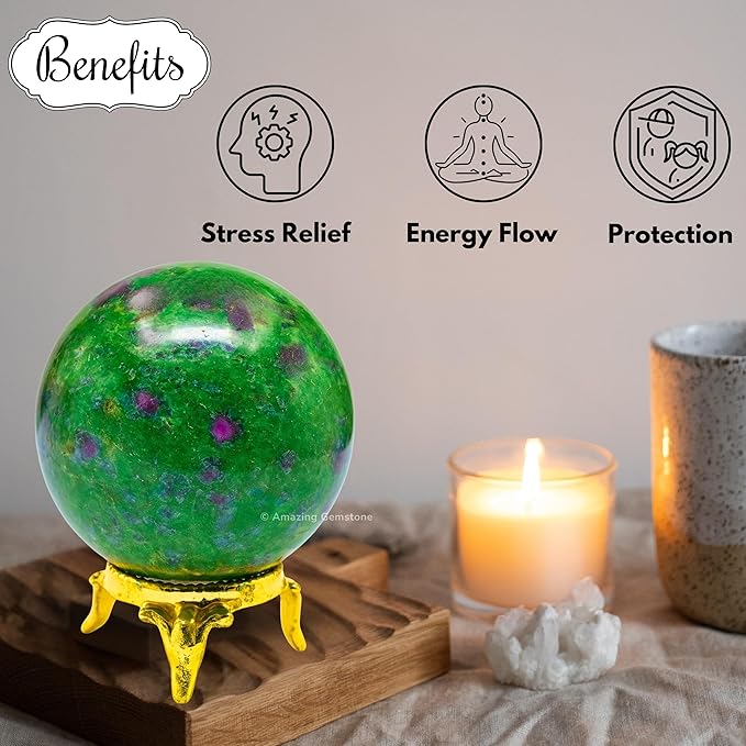 Amazing Gemstone Ruby Zoisite Crystal Ball with Stand - 2 Inches Crystal Sphere Meditation Balls for Witchcraft and Decorative Balls