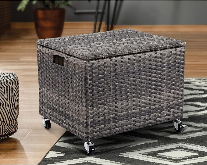 BIRDROCK HOME Rolling File Box - Storage Cabinet with Wheels - Weatherproof Rattan-Style Resin Deck Chest for Garden, Home and Office - Organize Cushions, Toys, and Accessories - Storage Box - Grey