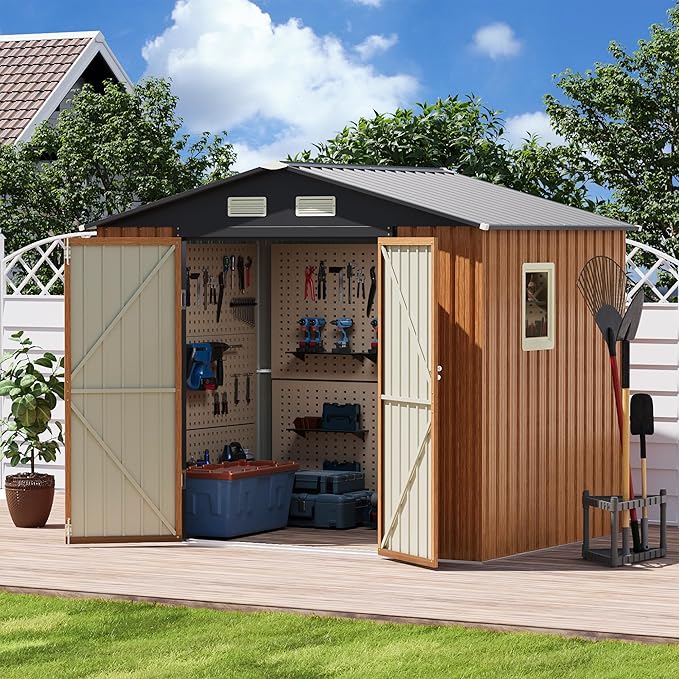 8x6FT Outdoor Storage Shed, Metal Garden Shed with Floor Base, Lockable Doors and Window, Large Tool Shed for Backyard, Patio and Lawn