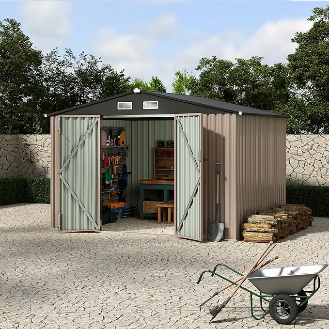 8x10 FT Metal Storage Sheds Outdoor, Metal Yard Sheds Garden Shed Kit, Tool Shed with Lockable Door, Utility Sheds Buildings with Air Vent for Backyard Garden Patio Lawn