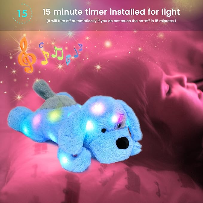 Hopearl LED Musical Stuffed Puppy Lighting Up Singing Plush Dog Adjustable Volume Lullaby Animated Soothe Birthday Festival for Kids Toddler Girls, Blue, 17''