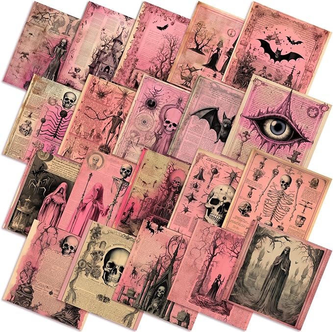 Ganeen 60 Pcs 10 x 10 Inch Pink Halloween Quilting Fabric Squares Vintage Pink Ghost Fat Patchwork Precut Strips Retro Bat Skull Fabric Bundles for Holiday DIY Craft Sewing Quilt Material Handmade
