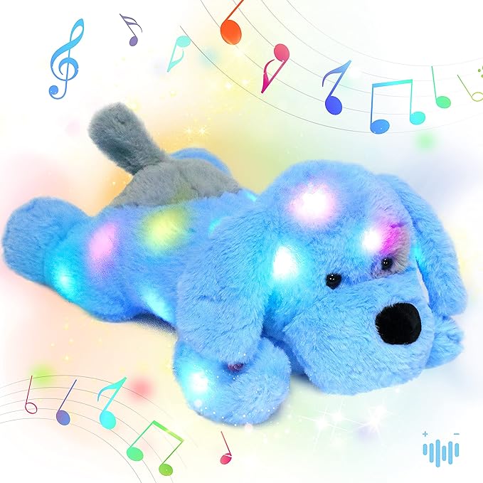 Hopearl LED Musical Stuffed Puppy Lighting Up Singing Plush Dog Adjustable Volume Lullaby Animated Soothe Birthday Festival for Kids Toddler Girls, Blue, 17''