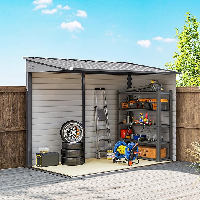 Outsunny 4.6' x 9' Steel Outdoor Storage Shed, Lean to Shed, Metal Tool House with Foundation Kit, Lockable Doors, Gloves and 2 Air Vents for Backyard, Patio, Lawn, Gray