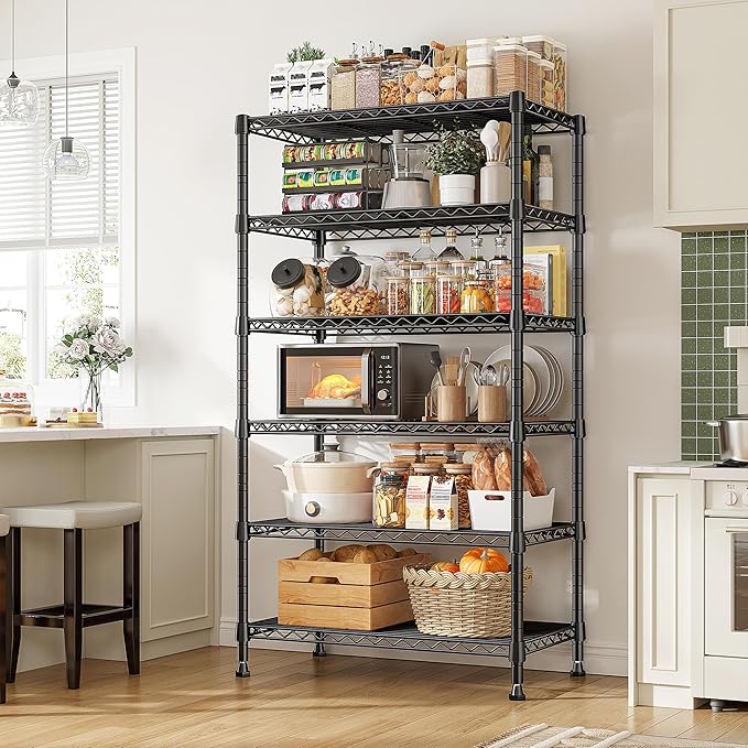 REIBII 6-Tier Metal Shelving Unit Storage Shelves, Sturdy Wire Shelving Adjustable Deep Pantry Shelves Load 800LBS Dorm Storage Shelves for Kitchen Pantry Closet,13.8" D x 21.5" W x 70.5" H