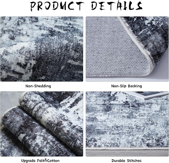 4x6 Rug Washable Boho Soft Area Rug Abstract Pattern Non-Slip Faux Wool Vintage Rug for Living Room, Bedroom Rug, Farmhouse, Dining Room, Kids Playroom, Grey and Black