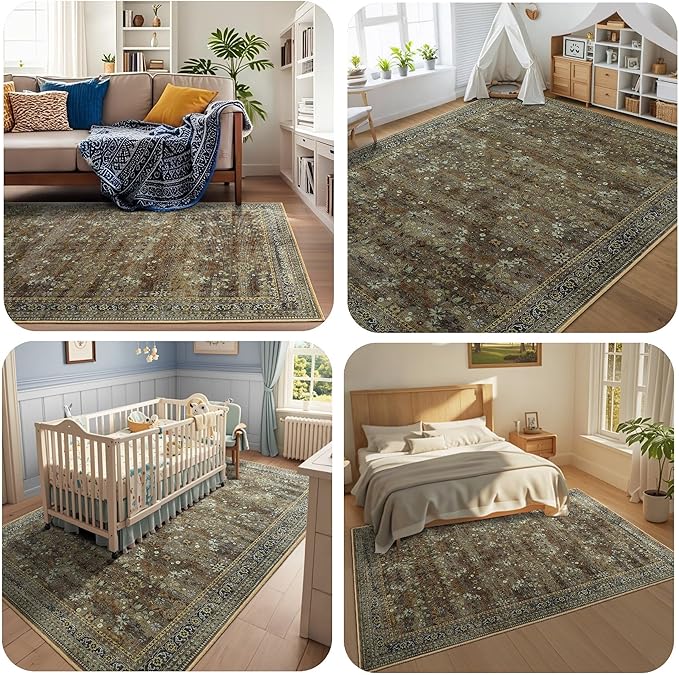 Large 8x10 Washable Area Rug for Living Room, No Shedding Vintage Floral Print Rugs Non Slip, Indoor Foldable Thin Retro Accent Carpet for Bedroom Farmhouse Dining Room Brown/Yellow