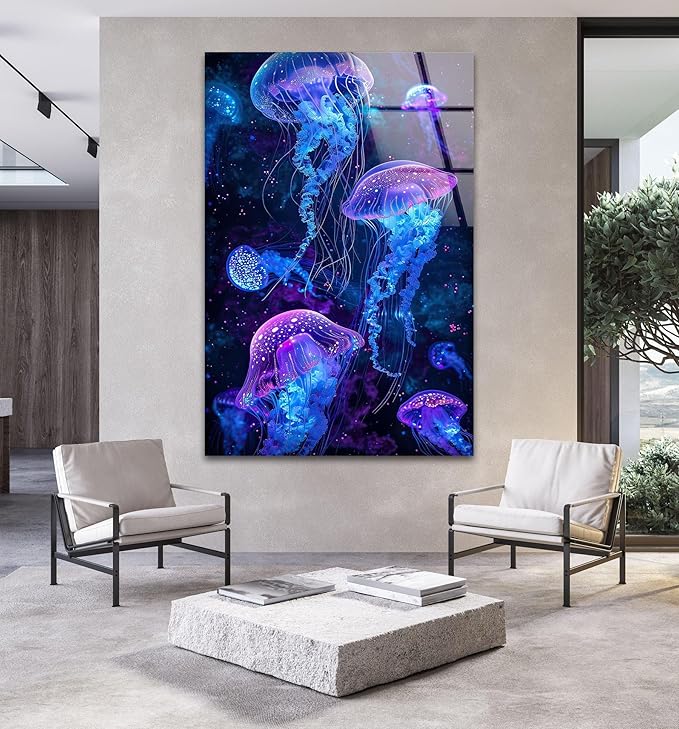 My Photostation.com 24Wx30H'' Glowing Jellyfish Glass Wall Art Tempered Glass Printing Wall Decor Large Wall Art Wall Hangings