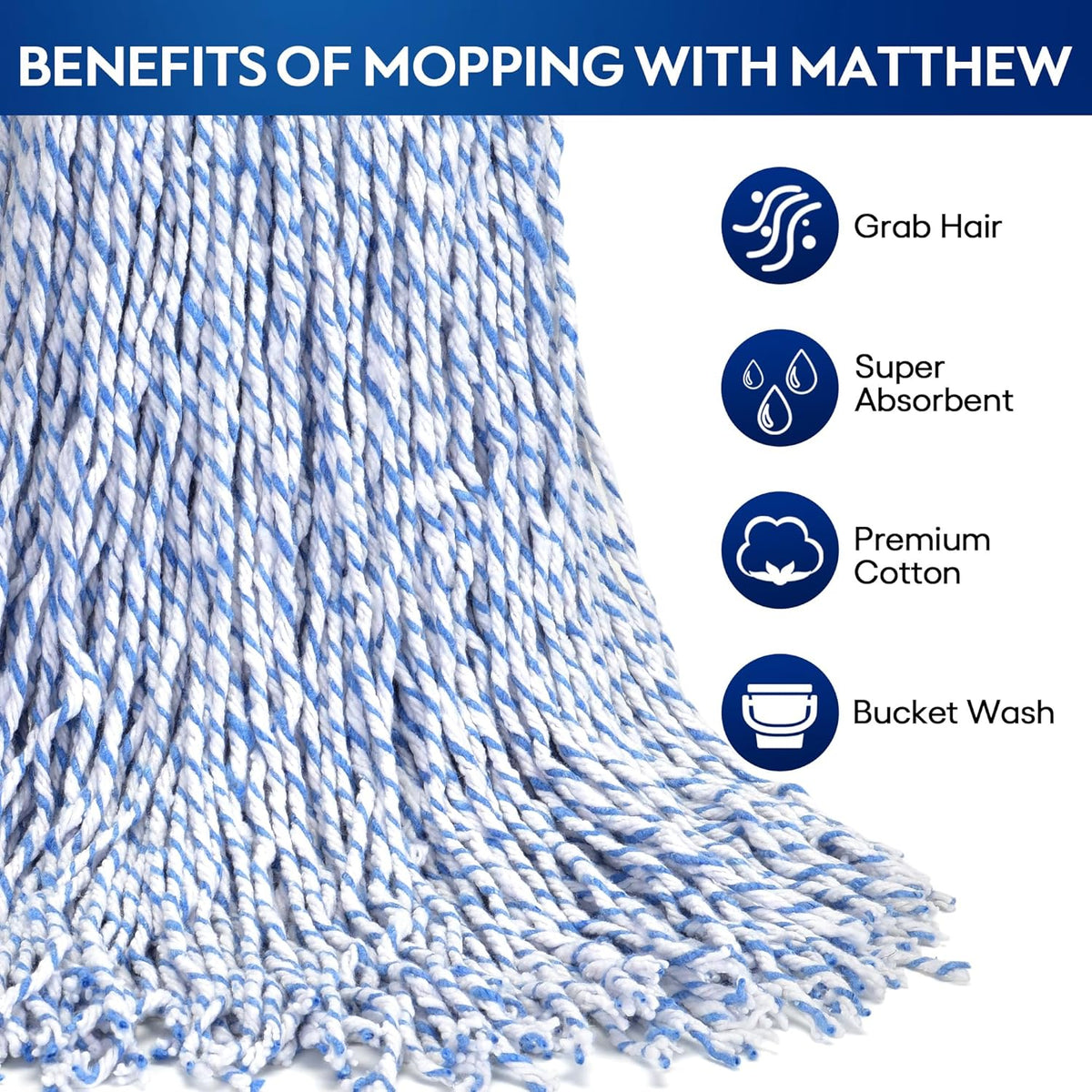Matthew Cleaning Looped-Open Cotton Wet Mop 1.25'' Universal Headband Heavy Duty Commercial Mop Head Replacement for Indoor&Outdoor Use,Grease Stain Floor Cleaning String Mop Head Refills Pack of 24