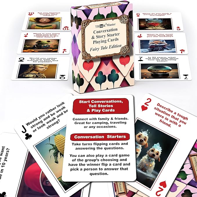 THINK2MASTER Family Conversations & Story Starter Playing Cards - Fairytale Edition 54 Cards with Fun Family Friendly Questions & Images. Play Games, Start Conversation & Storyteller - Family Game