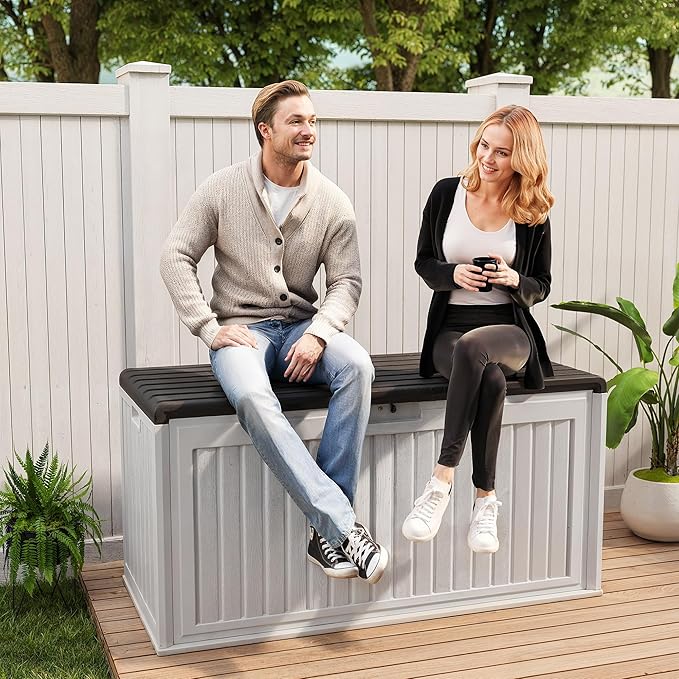 Gizoon 100 Gallon Deck Box, Resin Outdoor Storage Box with Lockable Lid, Waterproof and UV Resistant, Perfect for Storing Patio Mats, Garden Tools, Home and Outdoor Organization