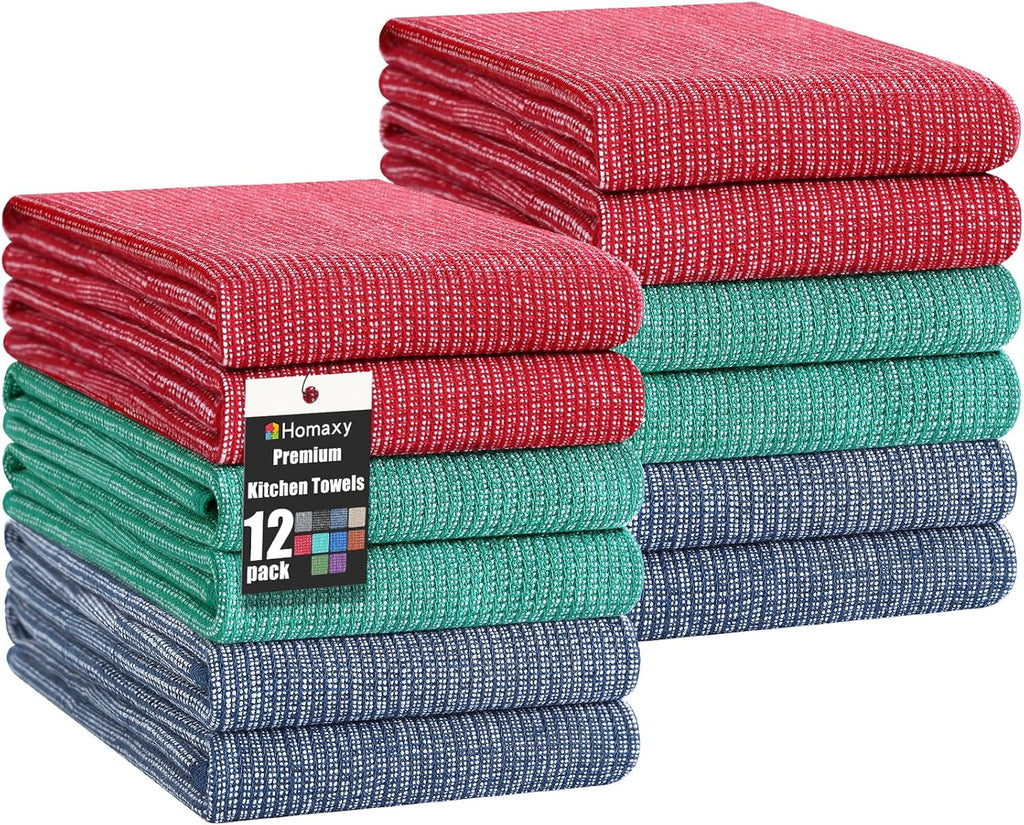 Homaxy Premium Kitchen Towels(18”x 28”, 12 Pack), Large Cotton Kitchen Hand Towels, Flat and Terry Dish Towels, 380 GSM Highly Absorbent Tea Towel Set with Hanging Loop, Navy Blue/Red/Green