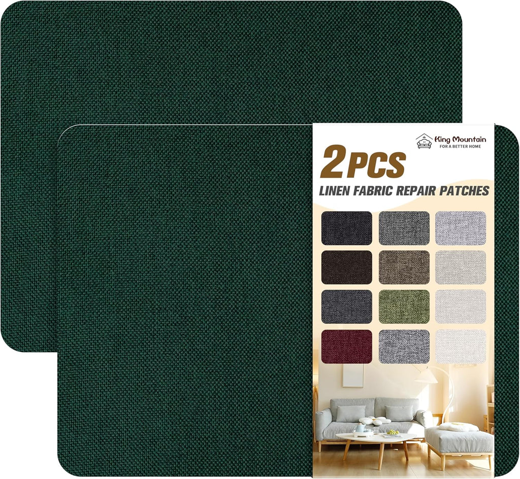 KING MOUNTAIN Coarse Linen Repair Patches, Self-Adhesive Linen Fabric Patches, 8X11 inch 2 PCS, Multi Color, Can be Used for Linen Sofa Repair and Linen Clothes Repair(8" x 11"-2PCS,Dark Green)