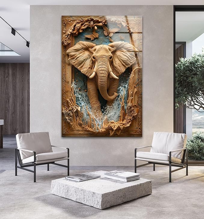 My Photostation.com 18Wx28H'' Elephant Carving Glass Wall Art Tempered Glass Printing Wall Decor Large Wall Art Wall Hangings