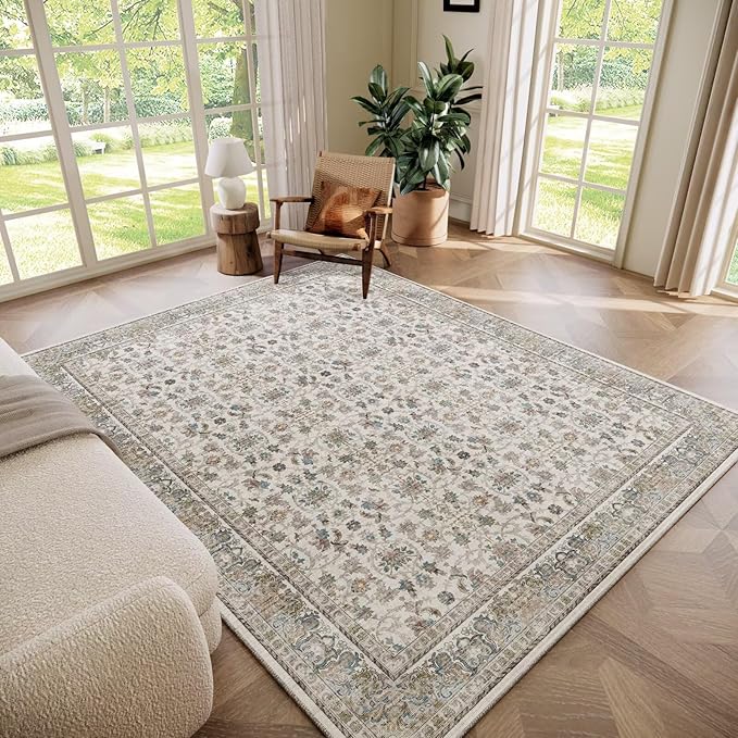 Washable 5x7 Area Rugs for Living Room, Boho Non-Slip Silicone Backing Rugs for Bedroom Dining Room Nursery Office, 0.3" Neutral Oriental Throw Carpet with 0.16" Cushioning Pad, Cream/Multi