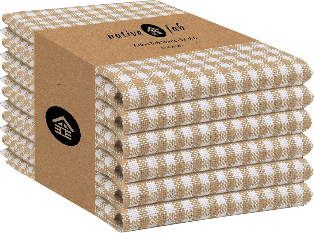 Native Fab 6 Pack Gingham Mini Check Kitchen Hand Towels Set - 100% Cotton Absorbent Reusable Washable 16"x26" - Quick Drying Dish Towels with Hanging Loops for Kitchen, Home, Bar, Beige White