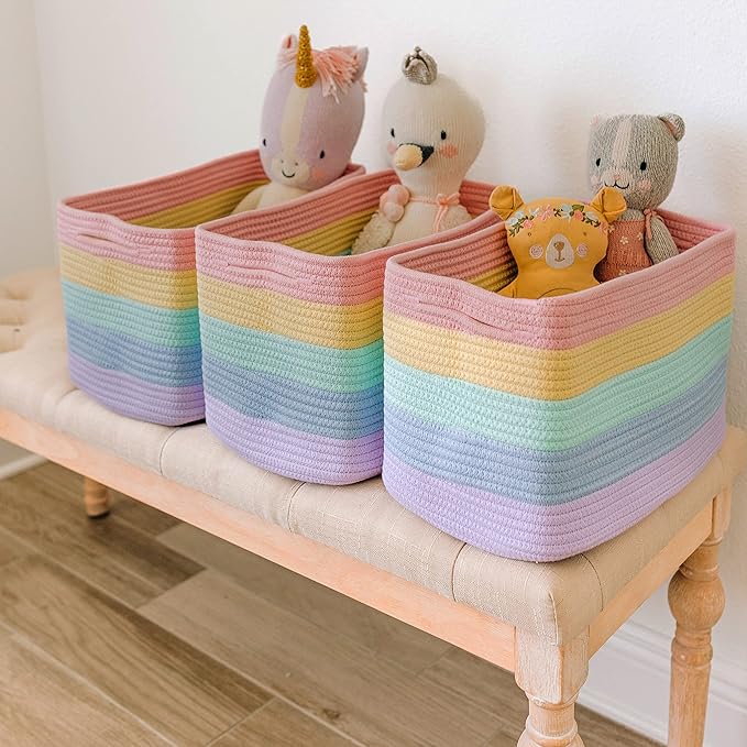 OrganiHaus Rope Rainbow Storage Baskets for Shelves | Rainbow Baskets for Pastel Classroom Decor | Baby Basket for Pastel Room Decor | Pastel Rainbow Storage Bins Colorful Baskets for Baby Room
