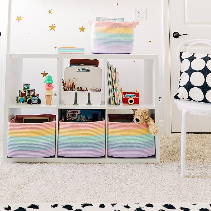 OrganiHaus Rope Rainbow Storage Baskets for Shelves | Rainbow Baskets for Pastel Classroom Decor | Baby Basket for Pastel Room Decor | Pastel Rainbow Storage Bins Colorful Baskets for Baby Room