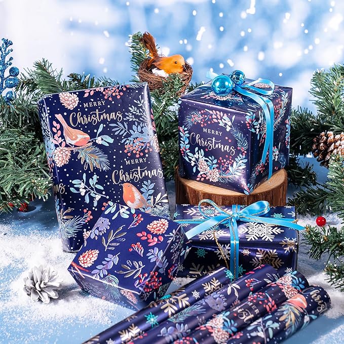 WRAPAHOLIC 30 Inch Christmas Wrapping Paper Roll - Jumbo Roll Drak Blue Bird, Christmas Garland and Snowflake Holiday Collection with Metallic Foil Shine - 4 Rolls - 30 Inch x 120 Inch Per Roll