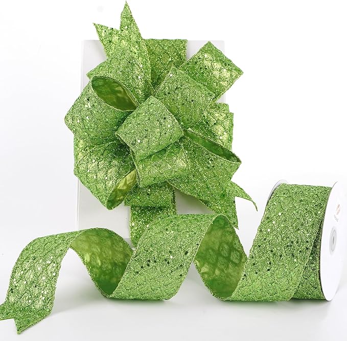 HUIHUANG Lime Green Wired Ribbon for Christmas Tree 2.5 inch Lime Green Glitter Diamond Mesh Ribbon for Tree Decoration, Wreaths, Garland, Gift Wrapping, Bows Making, Halloween Decor -10 Yards