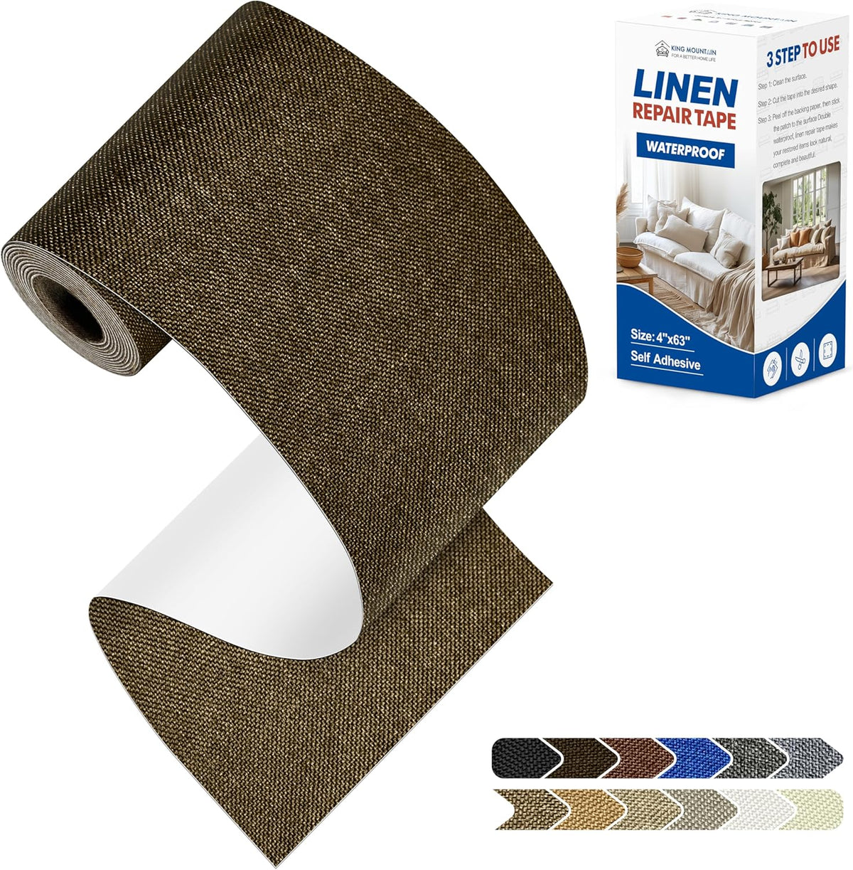KING MOUNTAIN Linen Repair Patches, Self-Adhesive Fabric Patches, 4 X 63 inch Extra Size, Multi Color, Can be Used for Sofa Repair and Linen Clothes Repair (Dark Brown2.0)