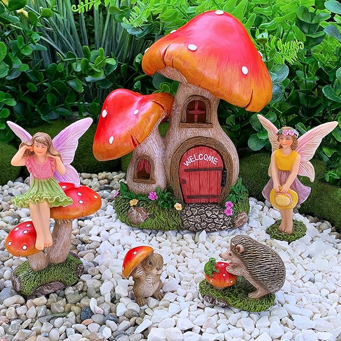 Mood Lab Fairy Garden - Mushroom House Set of 6 pcs - Miniature Figurines & Accessories Kit - for Outdoor or House Decor