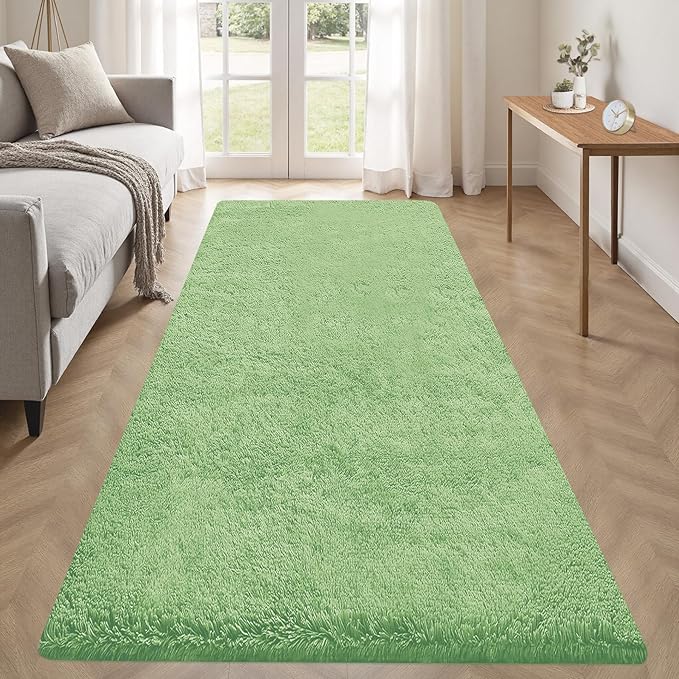 2x6 Runner Rug for Bedroom: Fluffy Shag Soft Washable Rugs Small Fuzzy Plush Indoor Carpet for Hallway Bedside Dorm Kids Girls Boys Room (Sage Green, 2'x6')