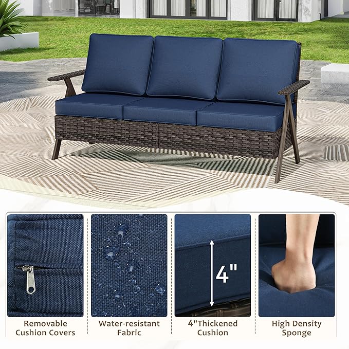 Outdoor Patio Sofa, 3 Seater Rattan Sofa for Outside, All-Weather Wicker Outdoor Sofa Couch with Metal Frame for Deck, Lawn