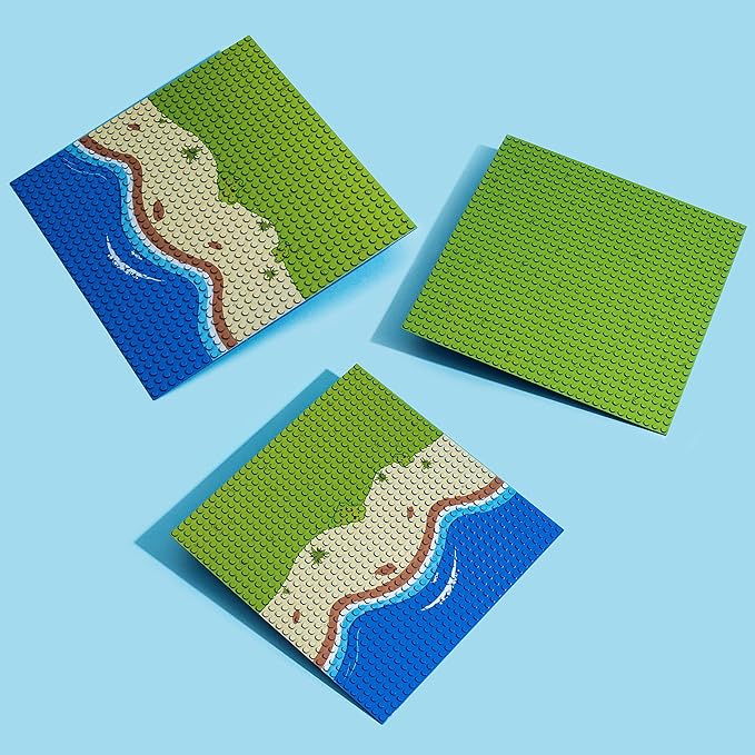 Apostrophe Games Island Building Block Base Plates Compatible with All Major Brands - 3 Pack Beach - 2 Straight & 1 Center Grass add-on to Expand Your Island - 10-1/16" x 10-1/16"Inches
