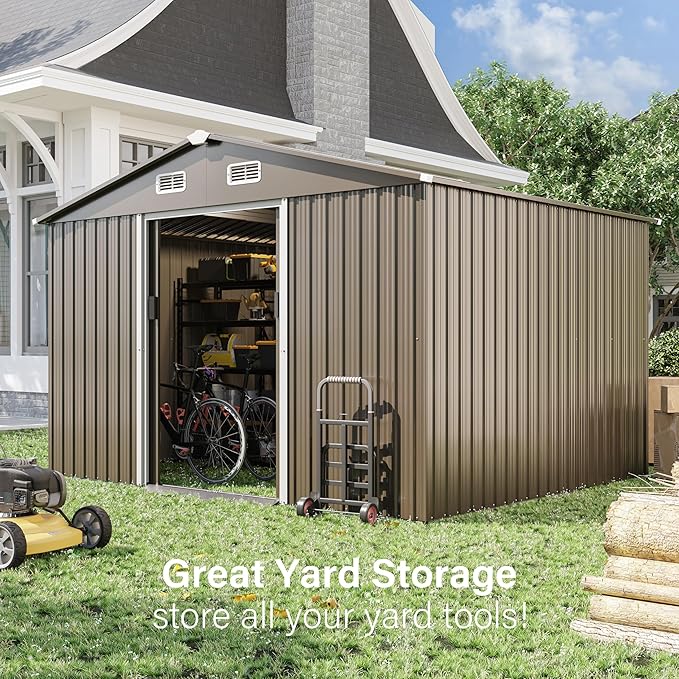 10FT x 8FT Outdoor Storage Shed, Waterproof, Lockable Door Metal Tool Shed with Sliding Door and Air Vents, Storage House for Gardening Tools, Metal Storage Shed for Garden, Backyard, Lawn
