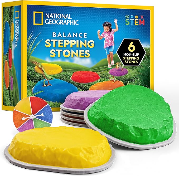 NATIONAL GEOGRAPHIC Stepping Stones for Kids – 6 Durable Non-Slip Stones Encourage Toddler Balance & Gross Motor Skills, Indoor & Outdoor Toys, Balance Stones, Obstacle Course (Amazon Exclusive)
