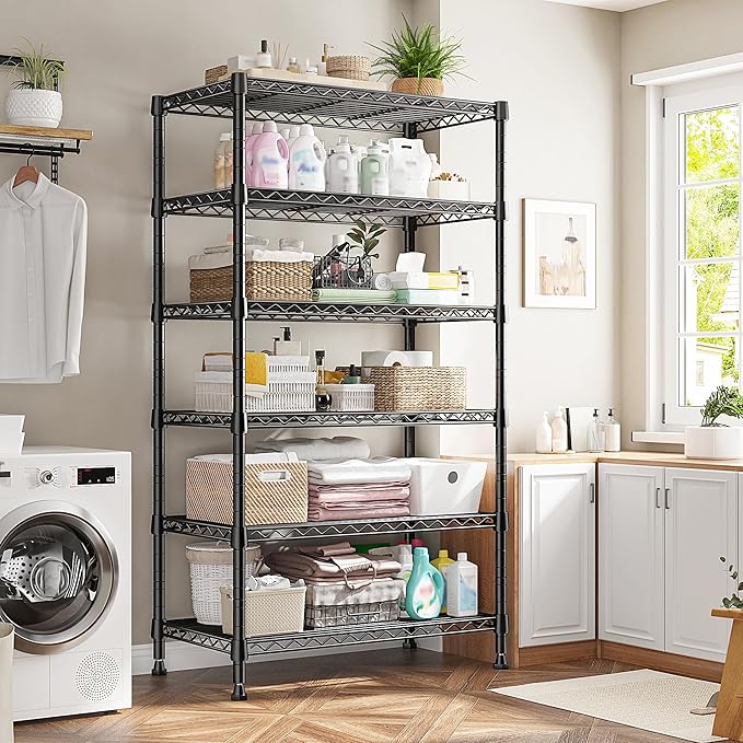 REIBII 6-Tier Metal Shelving Unit Storage Shelves, Sturdy Wire Shelving Adjustable Deep Pantry Shelves Load 800LBS Dorm Storage Shelves for Kitchen Pantry Closet,13.8" D x 21.5" W x 70.5" H