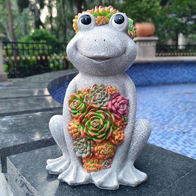 Large Frog Solar Garden Outdoor Statues with Succulent and 8 LED Lights,Outside Solar Frog Art Decor for Lawn,Yard, Balcony Ornament