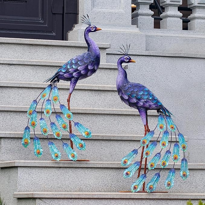 Kircust Purple Peacock Garden Statue and Sculpture, Metal Peacocks Yard Art Lawn Decor, Large Birds Garden Sculptures & Statues for Patio Backyard Pond Home Decoration