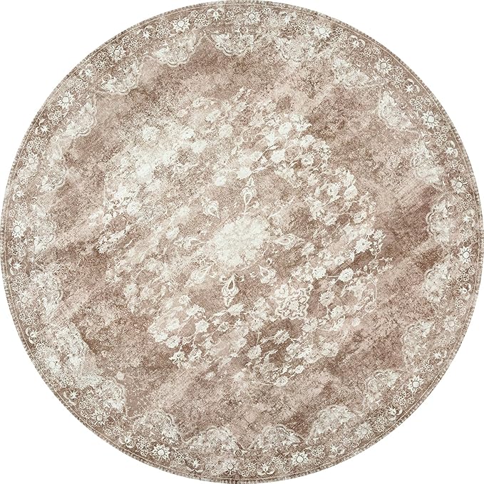 jinchan Round Rug 4ft Area Rug - Brown Vintage Floor Mat Kitchen Indoor - Washable Circle 4' Thin Floral Print Carpet Retro Farmhouse Non Slip Dining Room Living Room Bedroom Office