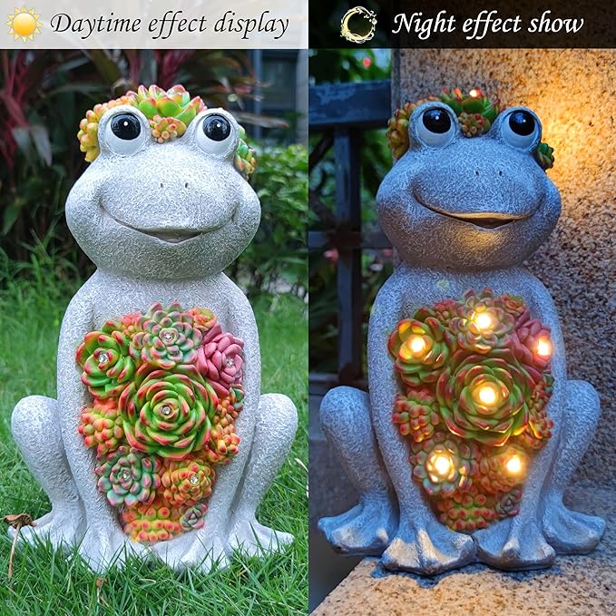 Large Frog Solar Garden Outdoor Statues with Succulent and 8 LED Lights,Outside Solar Frog Art Decor for Lawn,Yard, Balcony Ornament