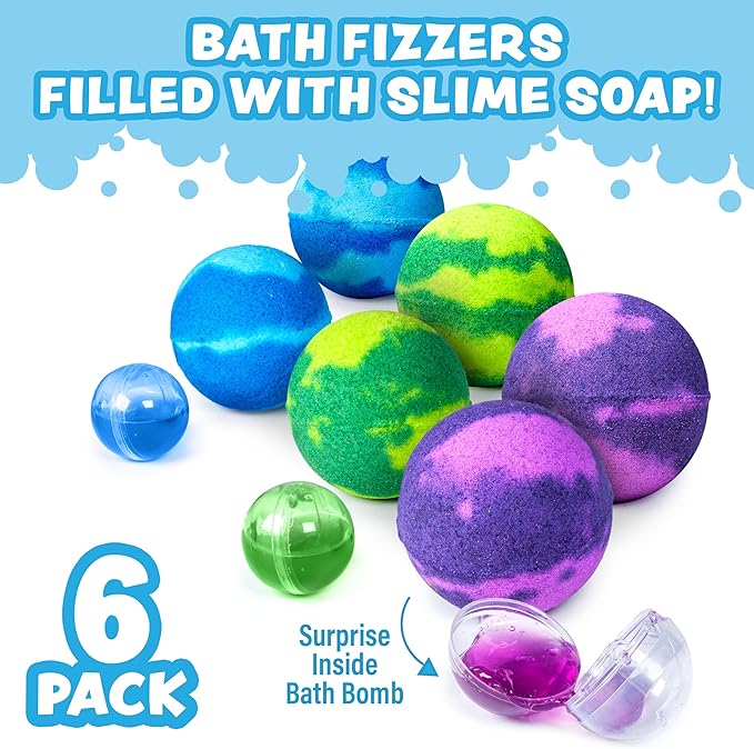 Super Goo Bath Slime 'Surprise' Bombs, 6 Pack | Kids Bath Bombs With Surprise Inside | Nontoxic | Stretchy, Squishy Slime Soap | Sensory Fun for Kids