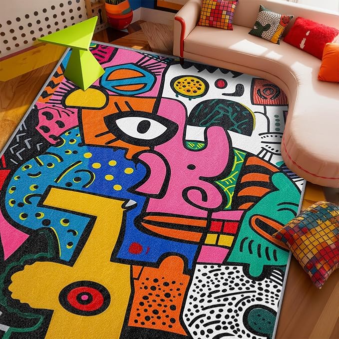 Abstract Rug 5x7-4x6 Rug - Abstract Rug - Colorful Pop Art Area Rug - Modern Geometric Graffiti Rugs - Multicolor Artistic Carpet - Home Decor