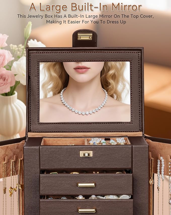 AKOZLIN 360° Rotating Jewelry Box 6-Tier Organizer Functional 360° Rotating Jewelry Storage Case for Women Girls Ring Necklace Earring Bracelet Holder with Mirror Brown