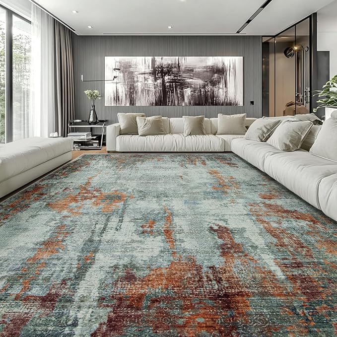 10x14 Area Rugs Large Living Room Rug Washable: Modern Abstract Rug Indoor Modern Carpet Non Slip for Dining Room Bedroom Nursery Home Office Red Brown
