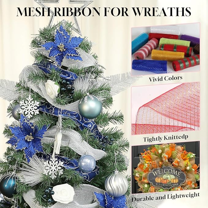 2 Rolls Mesh Ribbon for Wreaths 10 Inch x 30 Foot Wreath Mesh Rolls with Metallic Foil for Easter Christmas Party Wedding Home Decor DIY Craft Projects and Gift Wrapping(Champagne)